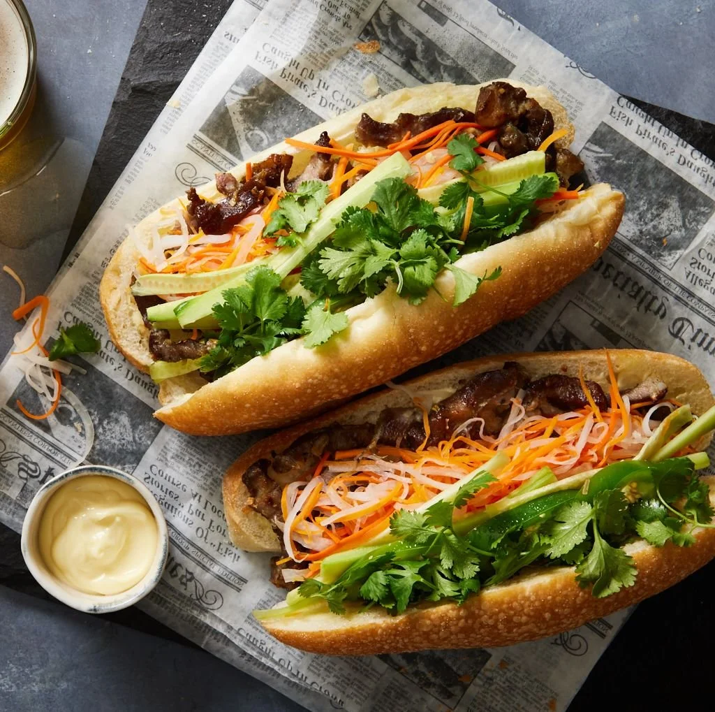 Banh mi with grilled pork, pickled carrots and cilantro