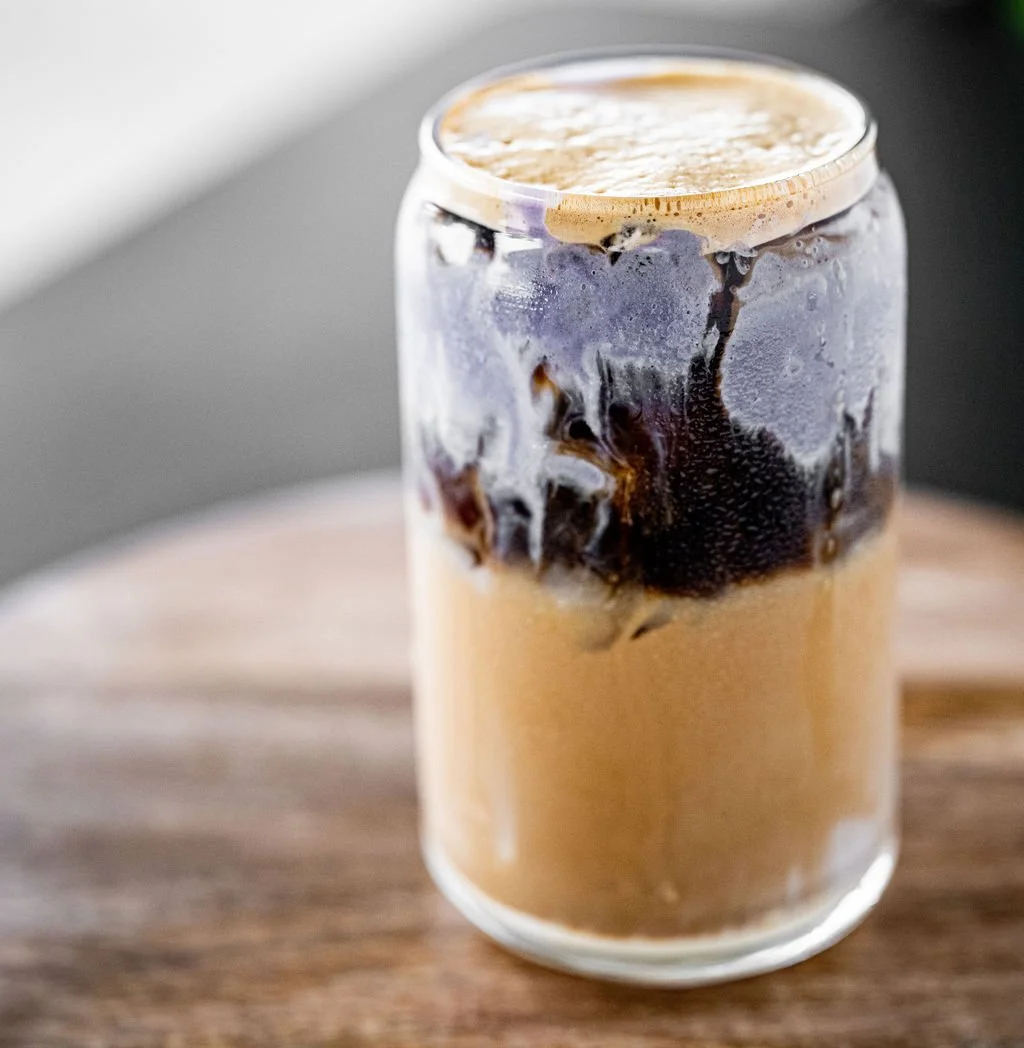 Iced taro Vietnamese coffee in a glass