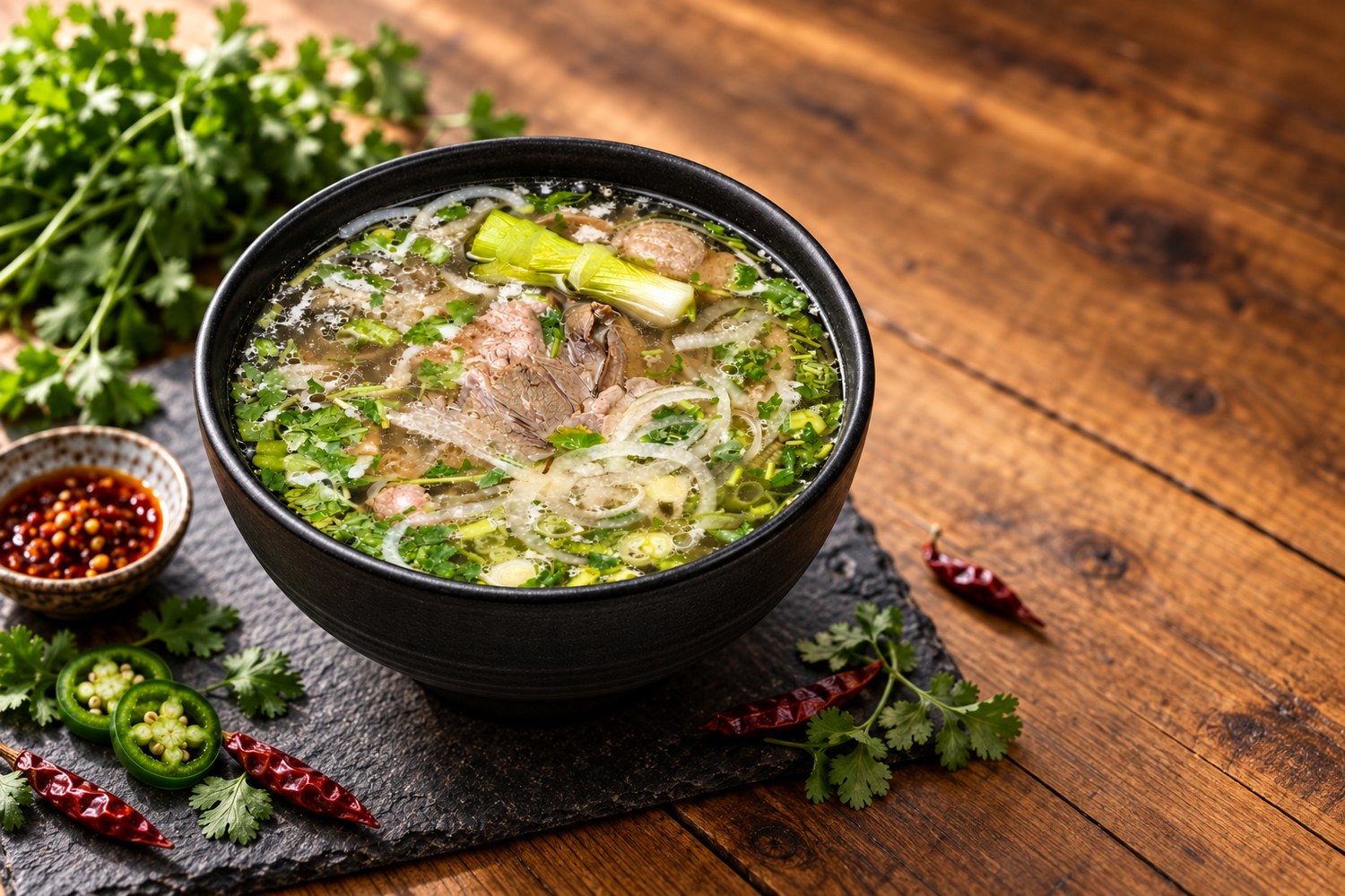 Bowl of pho dac biet with sliced beef, meatballs, scallions and fresh herbs in clear broth