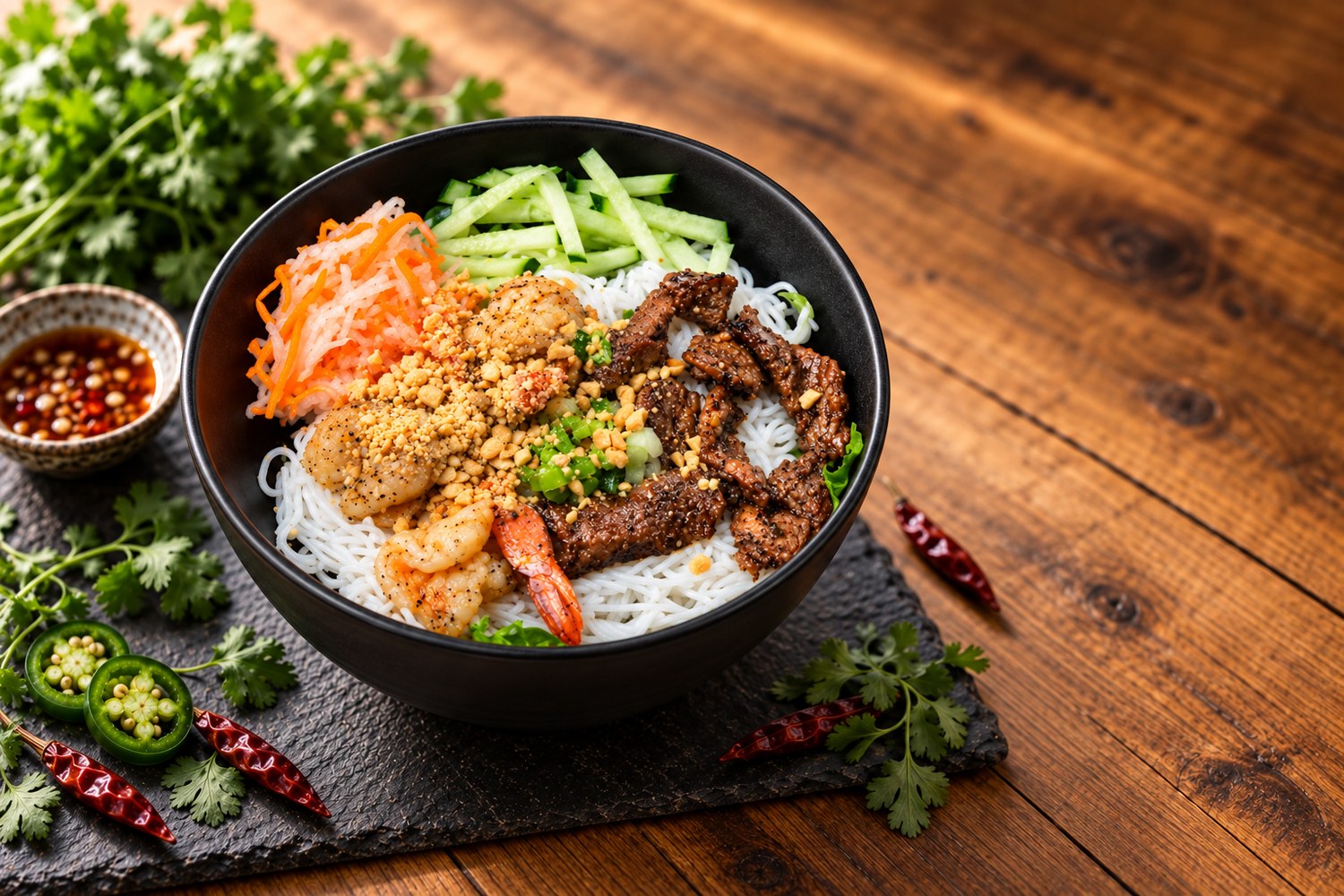 Rice vermicelli bowl with grilled pork, grilled shrimp, cucumber, pickled carrot and daikon and crushed peanuts